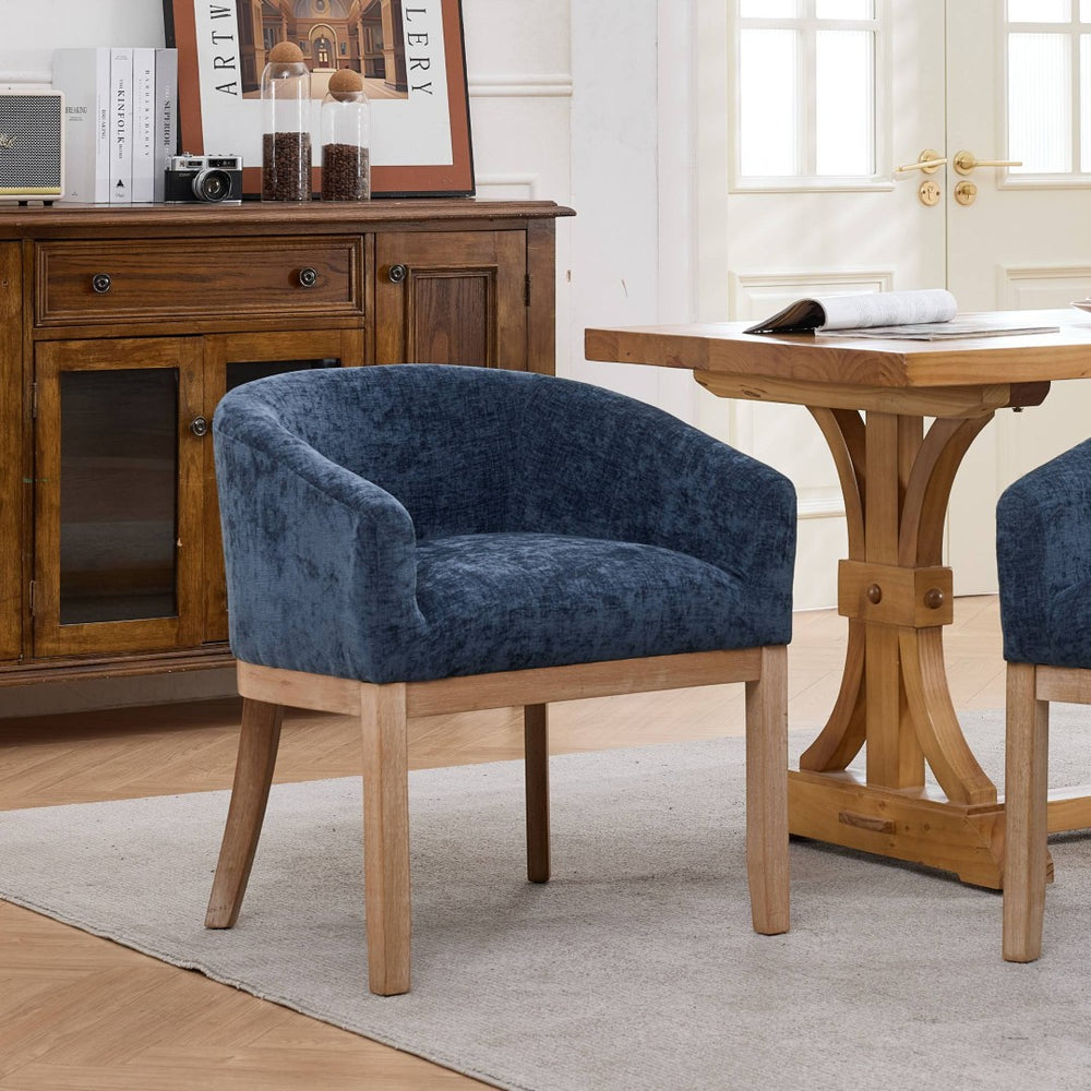 English Elm Mid Century Barrel Accent Chair Chenille Upholstery Rubberwood Legs Dining Room Blue W1143P449337