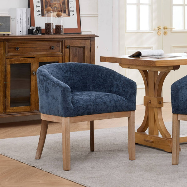 English Elm Mid Century Barrel Accent Chair Chenille Upholstery Rubberwood Legs Dining Room Blue W1143P449337