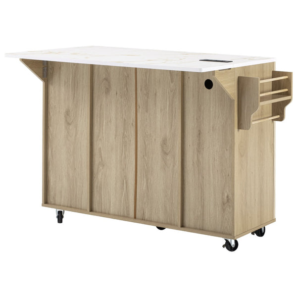 English Elm K&k Fluted Rolling Kitchen Island Faux Marble Top Power Outlet Storage Drawers Natural N707P353945Y