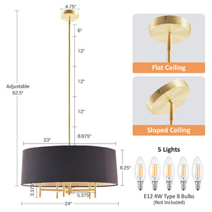 JLA Home Hampton Hill - Presidio Five-Light Dimmable Chandelier with Tapered Fabric Drum Shade and Warm Brass Frame, Adjustable Height Gold/Black FB150-1153