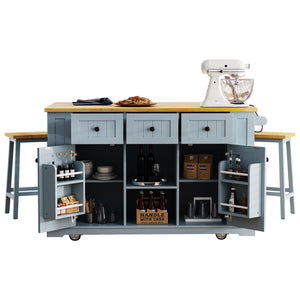 English Elm K&K 53" Large Kitchen Island with 2 Stools, Built-In Power Station, Wheels, Drop Leaf & Ample Storage Grey-Blue N707S000007G