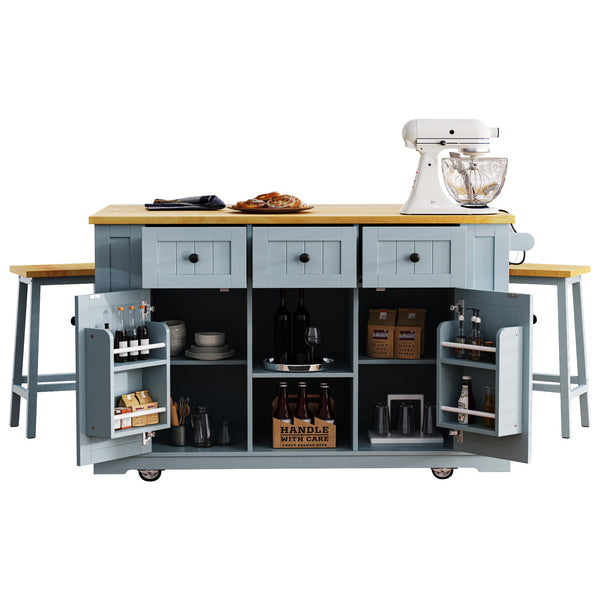 English Elm K&K 53" Large Kitchen Island with 2 Stools, Built-In Power Station, Wheels, Drop Leaf & Ample Storage Grey-Blue N707S000007G