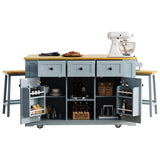 English Elm K&K 53Inch Large Kitchen Island With 2 Bar Stools, Power Outlet,Door Internal Storage Rack,Kitchen Storage Cart On 5 Wheels With Drop Leaf,5 Open Side Racks,3 Drawers For Kitchen,Dining Room,Grey Blue