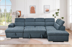 English Elm 128"Sofa U-Shaped Sectional with Pull-Out Bed, Storage Chaises, Adjustable Headrests for Comfort Blue W1417S00086