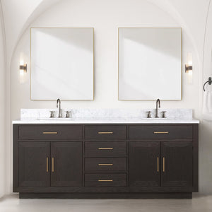 English Elm Brown Oak Double Bath Vanity Set With Carrara Marble Top, Dual Sinks, Chrome Faucets & Mirrors B2731S01805
