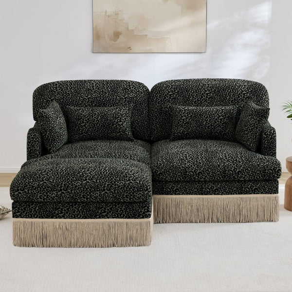 English Elm Comfy Chenille Leopard Print Loveseat with Tassel Trim Movable Ottoman Living Room Green W5656S00029