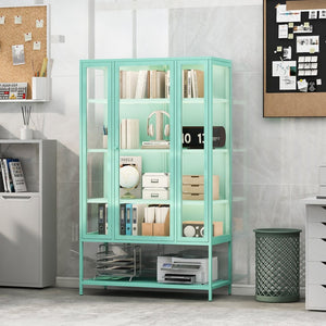 English Elm 67.25'' Tall Steel Curio Cabinet with Led Lighting and Tempered Glass Panels Cyan SN845P263995T