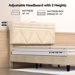 English Elm Full Bed Frame With Headboard - Modern Upholstered Platform Bed With Charging, Led Lights & Support T3825P365723