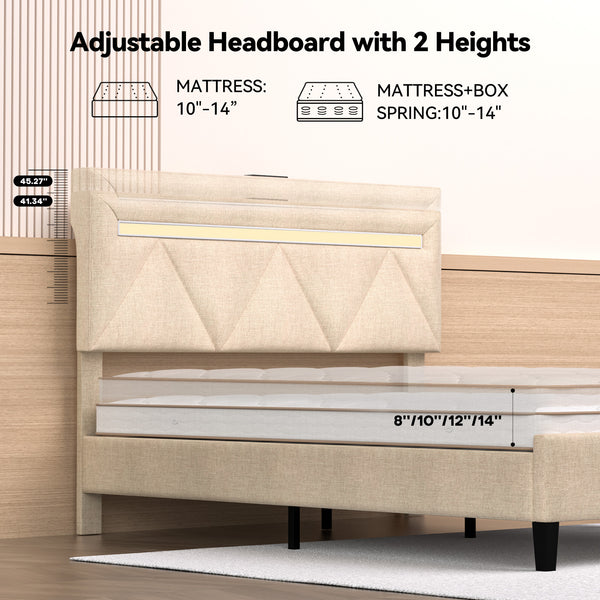 English Elm Full Bed Frame With Headboard - Modern Upholstered Platform Bed With Charging, Led Lights & Support T3825P365723