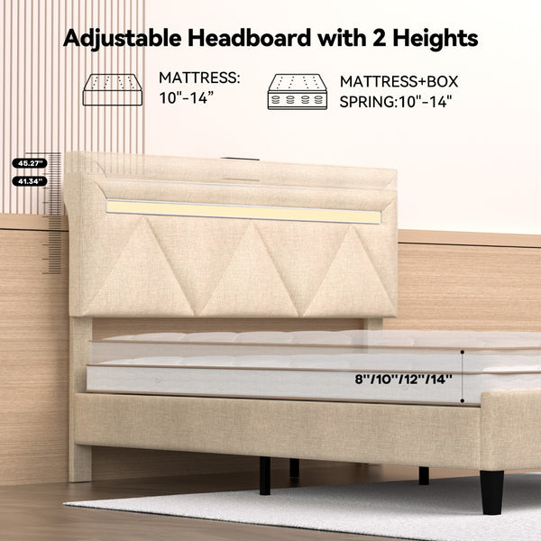 English Elm Queen Bed Frame With Headboard - Upholstered Platform Design, Led Lights, Charging Station & Easy Setup T3825P365854-GIGA