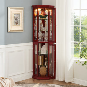 English Elm Lighted Corner Curio Cabinet - Elegant Glass Display With Adjustable Shelves & Ambient Lighting In Cherry W1758P300138