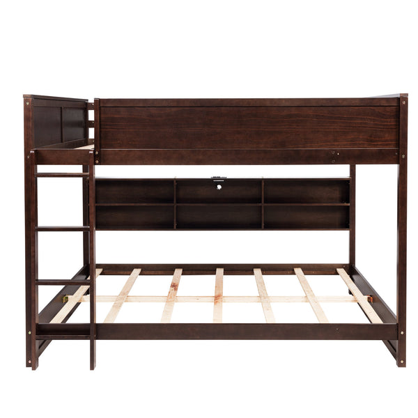 English Elm Queen Over Queen Floor Bunk Bed with Built-In Storage Shelves, USB Charging Station, Solid Pine Frame, Safety Rails and LadderDesigned for Space Saving and Modern Bedrooms Brown W504S00239