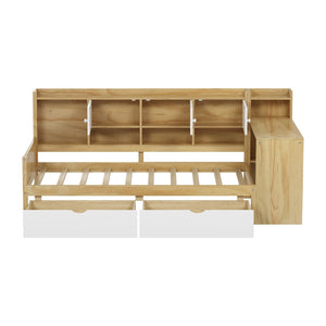 English Elm Wooden L-shape Twin Bed with Study Desk Bookshelf and Nine Storage Cabinets N733S247070M