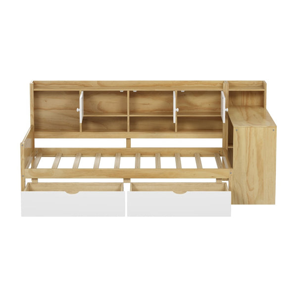 English Elm Wooden L-shape Twin Daybed with Desk Bookshelf and Nine Storage Compartments N733S351668M