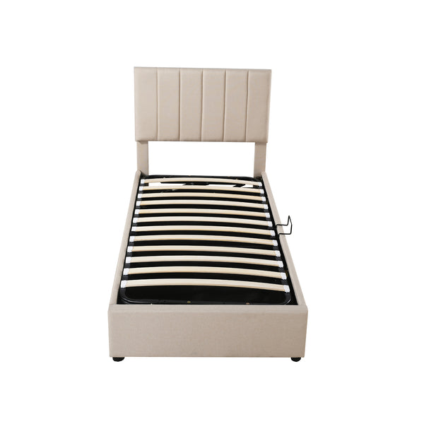 English Elm Twin Upholstered Hydraulic Storage Bed with Vertical Stripe Headboard, Space-Saving Modern Platform Beige SF000185AAA