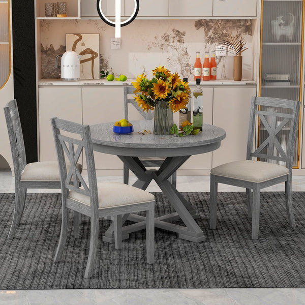 English Elm TREXM Retro 5-Piece Extendable Round-to-Oval Dining Set with Upholstered Chairs, Solid Rubberwood Finish Grey ST000141AAE