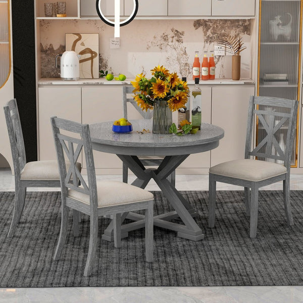 English Elm Trexm Retro Extendable Round Dining Set with Four Linen Upholstered Chairs Rubberwood Grey ST000141AAE-2026