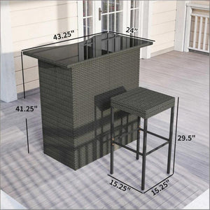 English Elm Bar Height Outdoor Wicker Patio Set with Tempered Glass Table and Four Stools Dark Gray T3971S00211