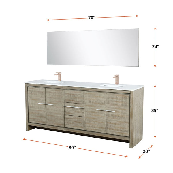 English Elm Rustic Acacia Double Vanity 80" With White Quartz Top, Rose Gold Faucet & 70" Mirror For Luxury Bath B2731S01694-GIGA