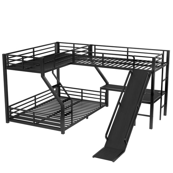 English Elm L-Shaped Triple Bunk Bed With Slide & Usb Ports - Space-Saving Metal Design For Modern Families W1580S00276