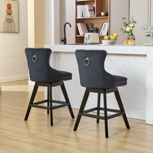 English Elm Swivel Velvet Barstool with Tufted Back, 360° Swivel, Plush Foam & Steel Spring Seat, Sturdy Wood Frame (Set of 2) Black W1143P241332