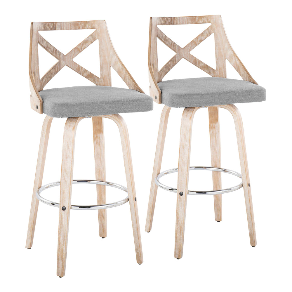 English Elm Charlotte 30" Farmhouse Barstool with 360° Swivel, White Wash Wood, X-Back, Padded Fabric Seat (Set of 2) Cream B202S00498