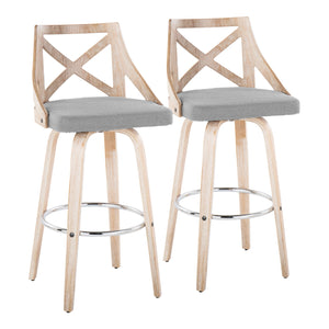 English Elm Charlotte 30" Farmhouse Barstool with 360° Swivel, White Wash Wood, X-Back, Padded Fabric Seat (Set of 2) Grey B202S00494