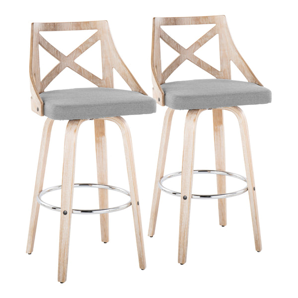 English Elm Charlotte 30" Farmhouse Barstool with 360° Swivel, White Wash Wood, X-Back, Padded Fabric Seat (Set of 2) Grey B202S00494