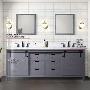 English Elm Dark Grey Double Bath Vanity 84" W x 22" D with Carrara Marble Top, Matte Black Faucets & 34" Mirrors B2731S01080