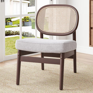 English Elm Rattan Mid-Century Accent Chair with Handcrafted Rattan Back, Solid Wood Frame, Comfortable Velvet Seat Beige T3623P409097