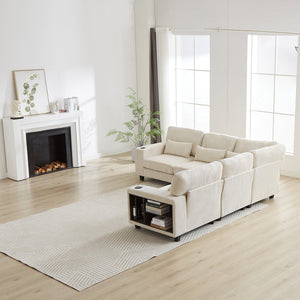 English Elm 102.75*102.75" L-Shaped Modular Sectional Sofa with Corduroy Upholstery, Storage Arm, Cup Holder, 5-Seat Convertible Lounge Beige W1926S00053