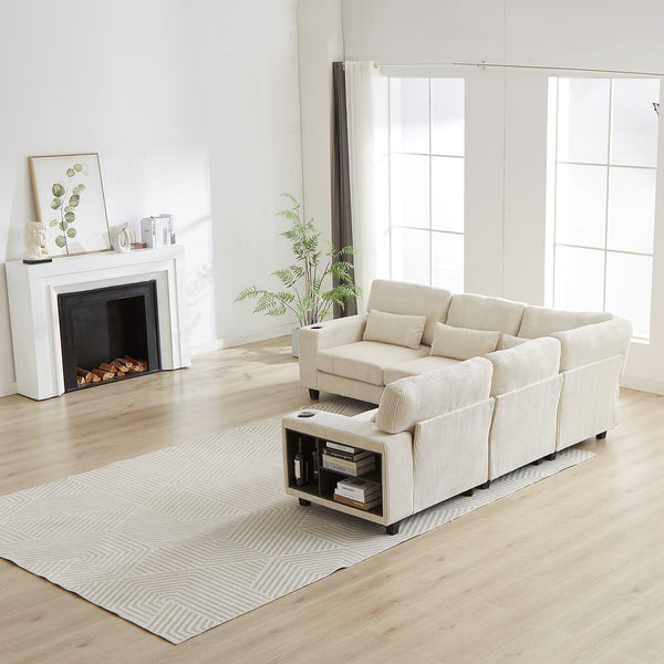 English Elm 102.75*102.75" L-Shaped Modular Sectional Sofa with Corduroy Upholstery, Storage Arm, Cup Holder, 5-Seat Convertible Lounge Beige W1926S00053