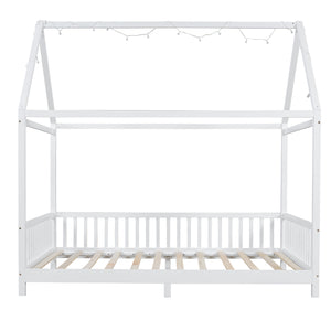 English Elm Wood Full Size House Bed with Guardrail, LED Lights & Sturdy Pine Frame for Kids Room Safety and Style N709P177524K