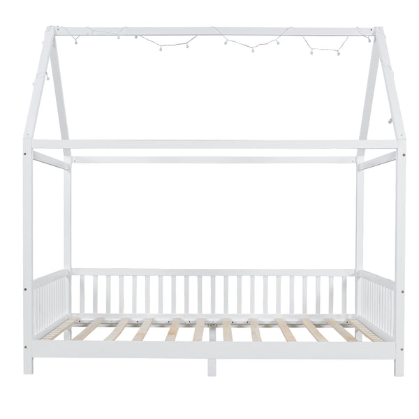 English Elm Wood Full Size House Bed with Guardrail, LED Lights & Sturdy Pine Frame for Kids Room Safety and Style N709P177524K