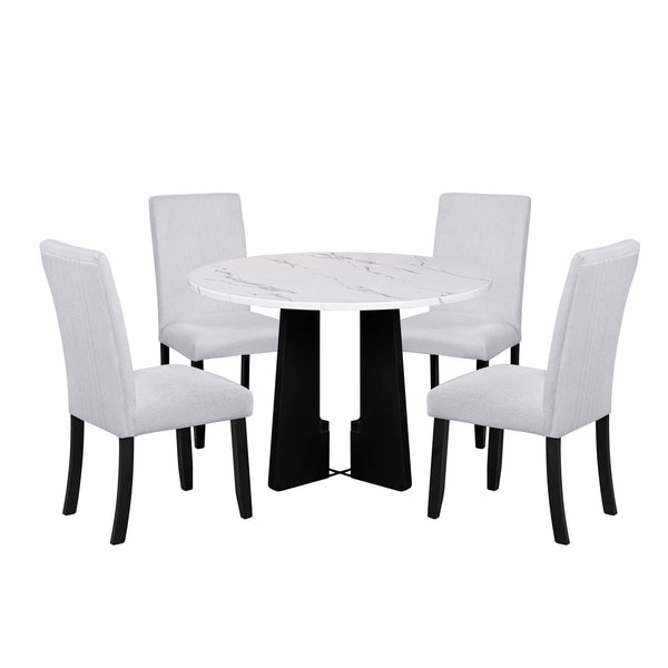English Elm 5-Piece Round Dining Set with 43" Modern MDF Table and 4 Upholstered Fabric Chairs for Compact Spaces Beige+White N752S001055K