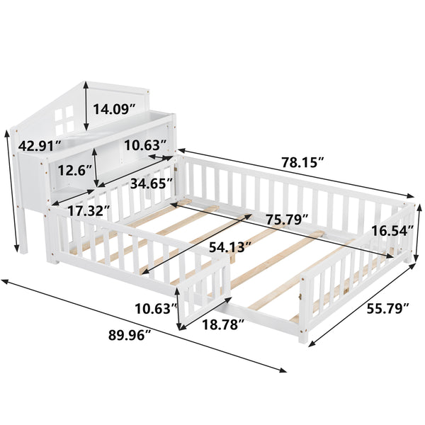 English Elm Full-size Montessori Floor Bed with Built-In Bookcase and Chalkboard, Space-Saving Solid Wood Platform for Kids White 56.3 L x 17.32 W x 5.31 H W1716S00012