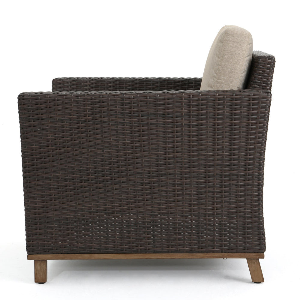 English Elm Christopher Knight Home® - GLENWOOD Single Sofa Brown PE Rattan Outdoor Armchair with Iron Frame, Waterproof Fabric, Compact 52.5" L x 33.15" W x 19.5" H 60773.00MBG
