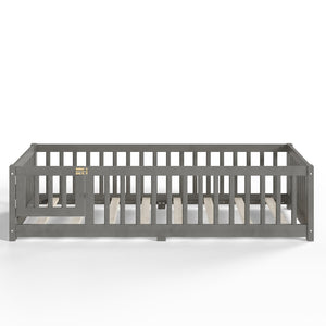 English Elm Twin Floor Bed Solid Pine Frame with Guardrails and Door for Safe Kid Sleep W1580P433575
