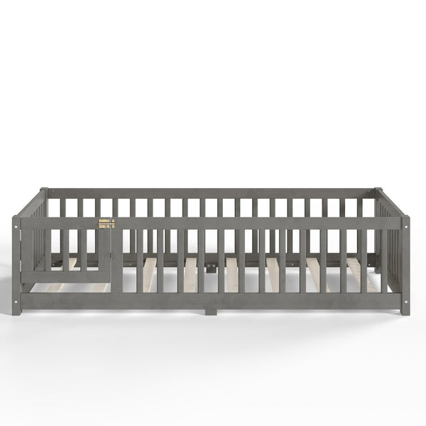 English Elm Twin Floor Bed Solid Pine Frame with Guardrails and Door for Safe Kid Sleep W1580P433575