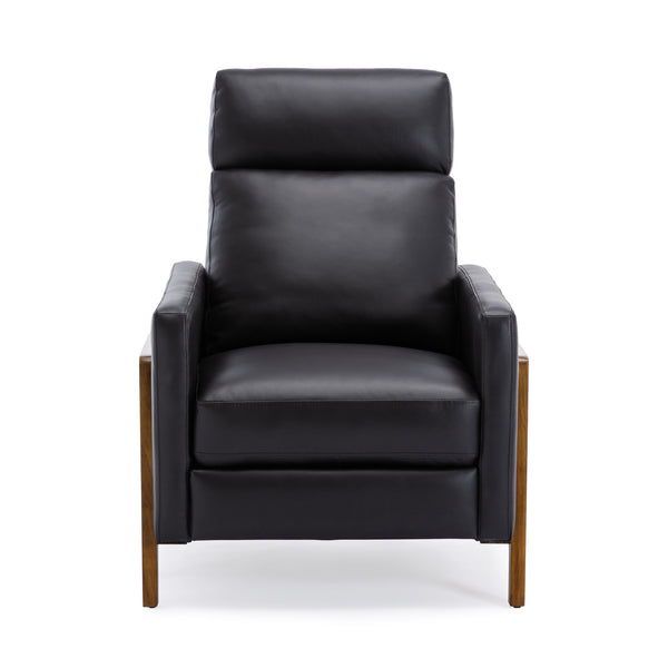 English Elm Richland Mid-Century Top Grain Leather Push Back Recliner with Exposed Wood Frame and Coil Seating Black B050P366074