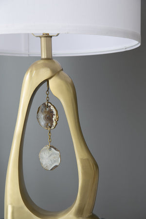 English Elm D16x27.5" Gold Geode Shaped Table Lamp with White Drum Shade, Hanging Agate Accents, Modern Chic W2078P395555