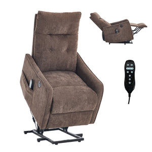 English Elm Beige Chenille Power Lift Recliner with Massage Heat and Usb for Senior Comfort Brown W1803P369080