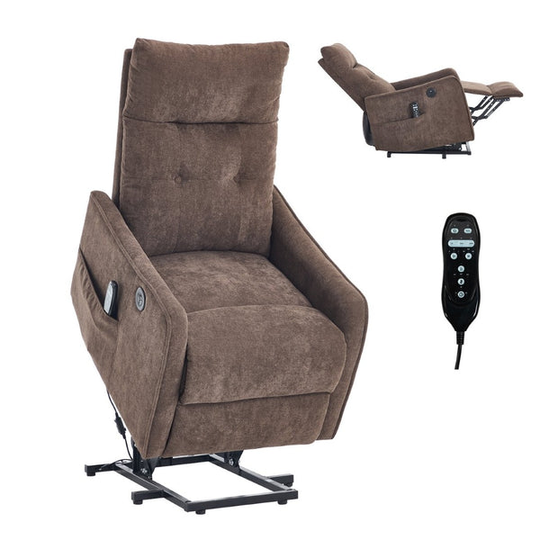 English Elm Beige Chenille Power Lift Recliner with Massage Heat and Usb for Senior Comfort Brown W1803P369080