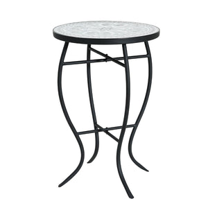 English Elm Outdoor Mosaic Ceramic Tile Round Side Table with Curved Wrought Iron Patio Accent Grey+Black N773P365597G