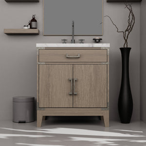 English Elm Grey Oak 30" Single Bath Vanity Set With Carrara Marble Top, 28" Mirror & Chrome Faucet Included B2731S02005
