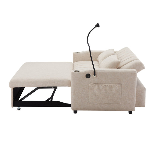English Elm 55.9" Convertible Sofa Bed Loveseat with 3 USB Ports, Cup Holders, Side Pockets & 360° Phone Swivel Beige WF322620AAA