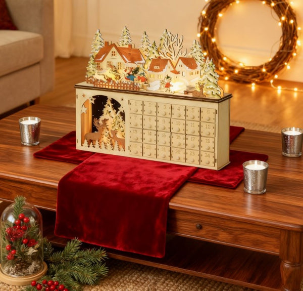 English Elm Light up Wooden Advent Calendar Village with 24 Drawers and Led Glow for Holiday Decor T3971P417206