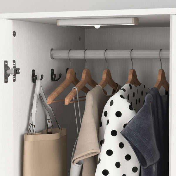 English Elm 2 Door White Wardrobe Closet with Mirror Hanging Rod Drawers and Auto Interior Light W409P167477