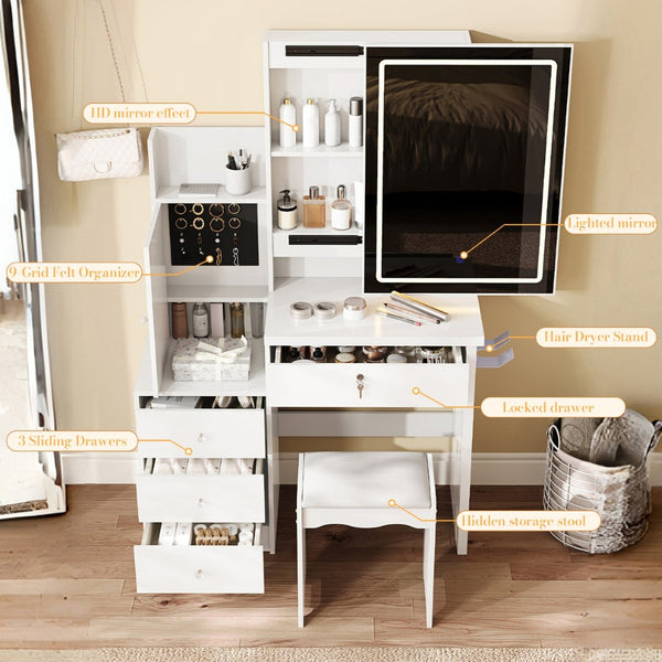 English Elm Vanity Desk with Lighted Sliding Mirror Hidden Storage and Cushioned Stool White Bedroom W2700P369513