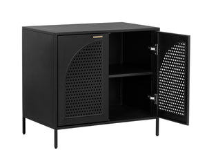 Sunpan Aziza Nightstand: Timeless Black Metal Frame with Brass Handles & Unique Arched Shelving Design